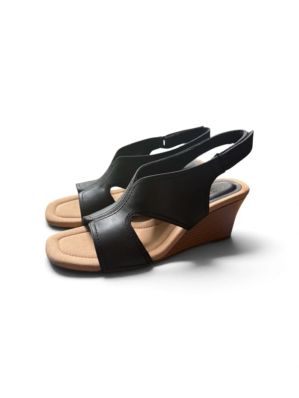 NIB Clarks Kyarra Aster Black Leather Wedge Sandals Size 9 Comfort